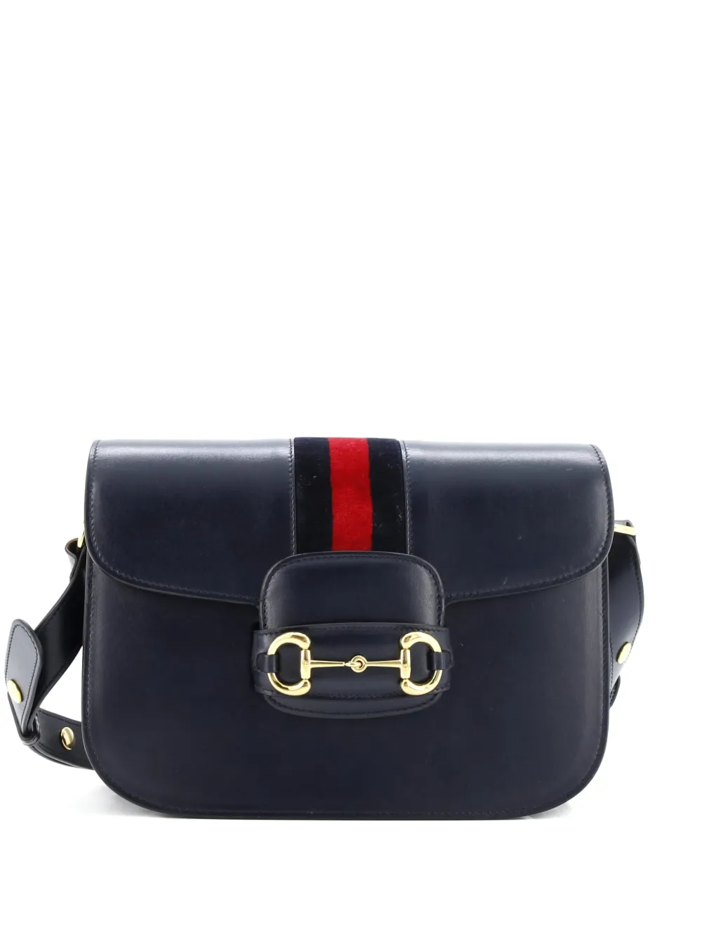 Pre-owned Gucci Horsebit 1955 Leather With Web Velvet Detail Small Shoulder Bag In Blue