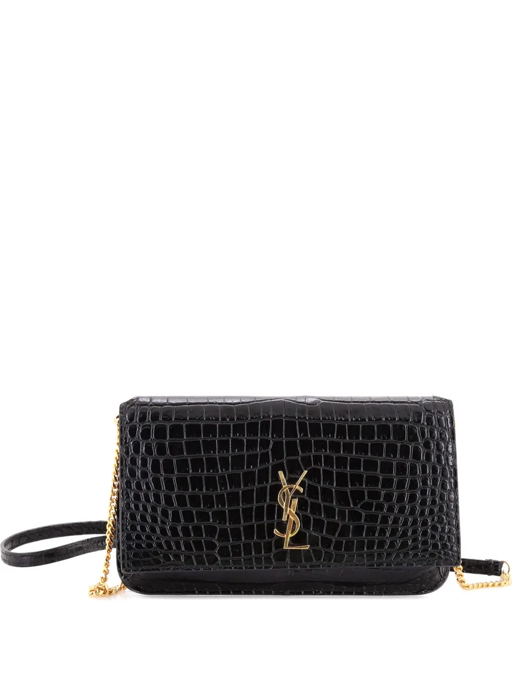 Pre-owned Saint Laurent Classic Monogram Phone Holder Shoulder Bag Crocodile Embossed Leather Crossbody Bag In Black