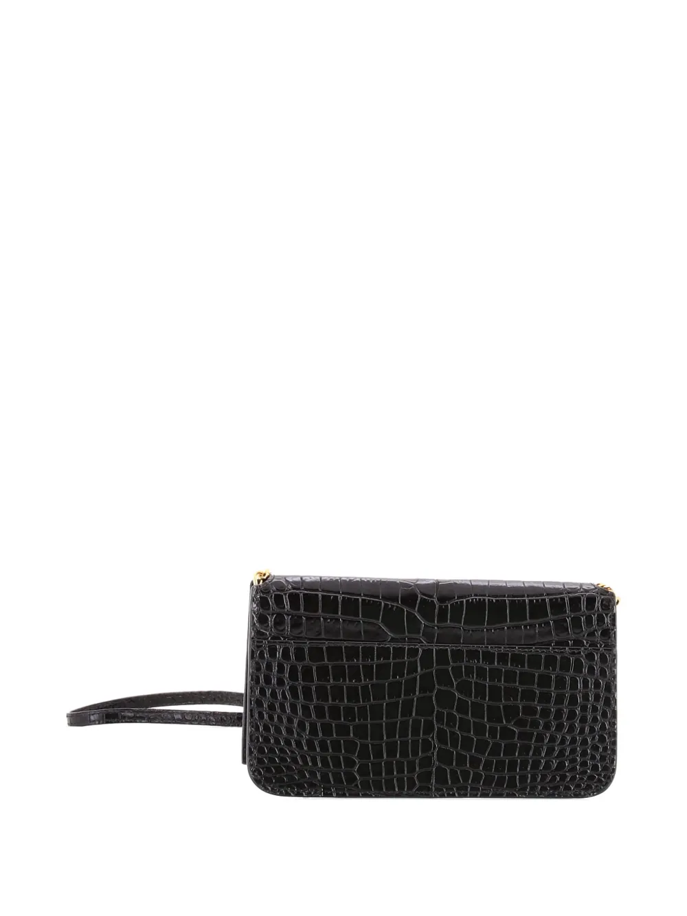 Pre-owned Saint Laurent Classic Monogram Phone Holder Shoulder Bag Crocodile Embossed Leather Crossbody Bag In Black