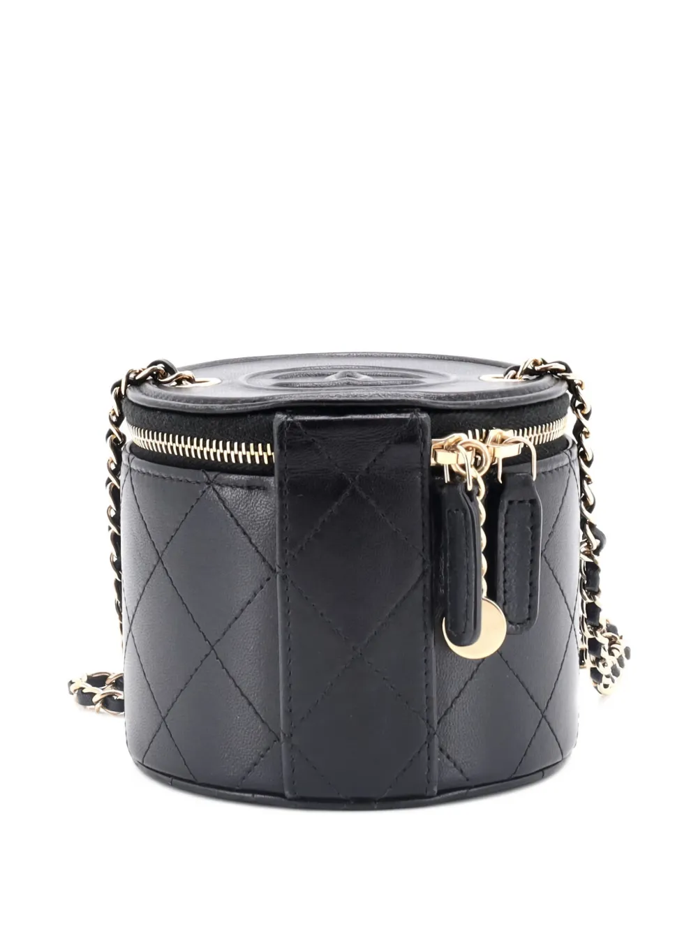 CHANEL Pre-owned Cc Round Vanity Case With Chain Quilted Lambskin Mini Clutch Bag In Black