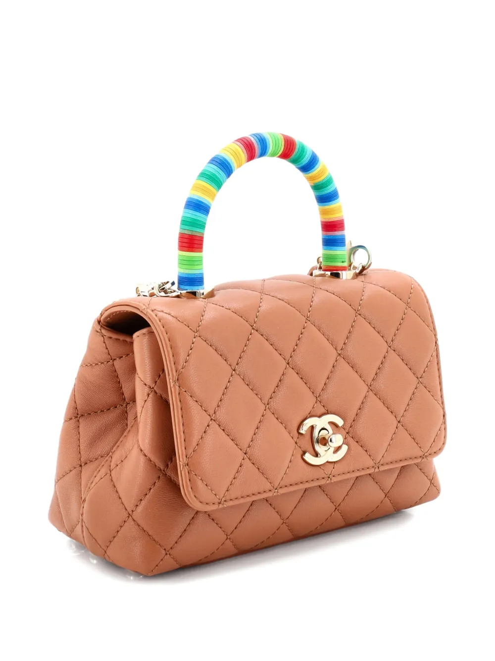 Pre-owned Chanel Coco Top Handle Bag Quilted Goatskin With Multicolor Handle Extra Mini Satchel In Brown