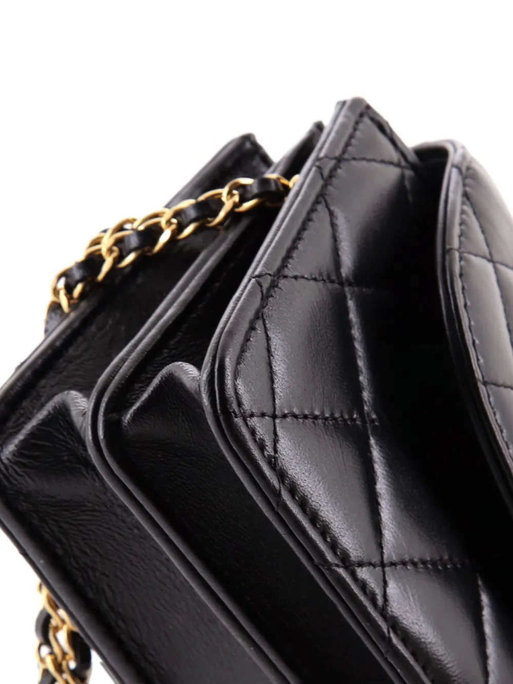 Pre-owned Chanel Cc Accordion Round Flap Phone Holder Quilted Lambskin Crossbody Bag In Black