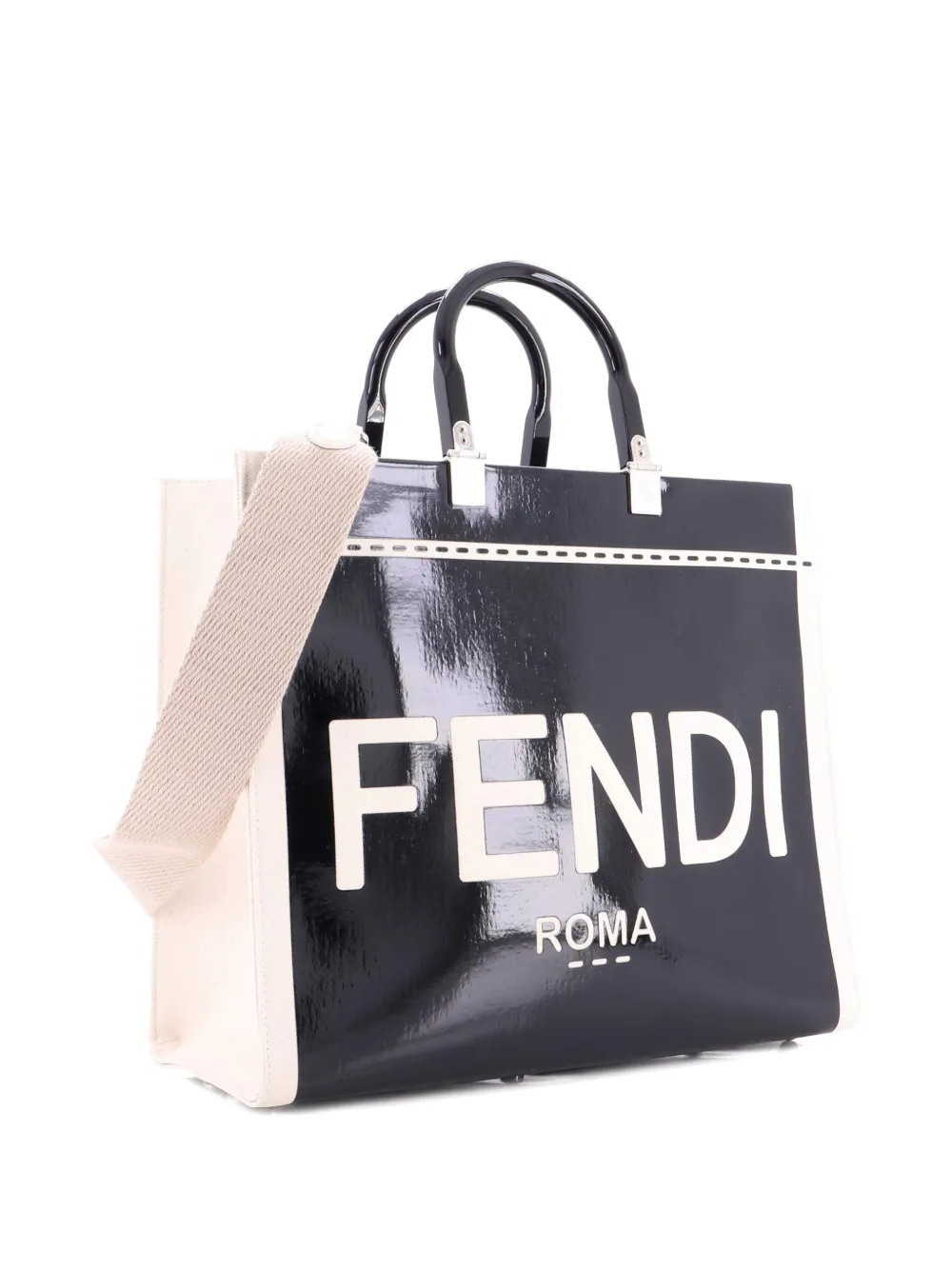 Pre-owned Fendi Sunshine Shopper Patent With Canvas Medium Tote Bag In Black