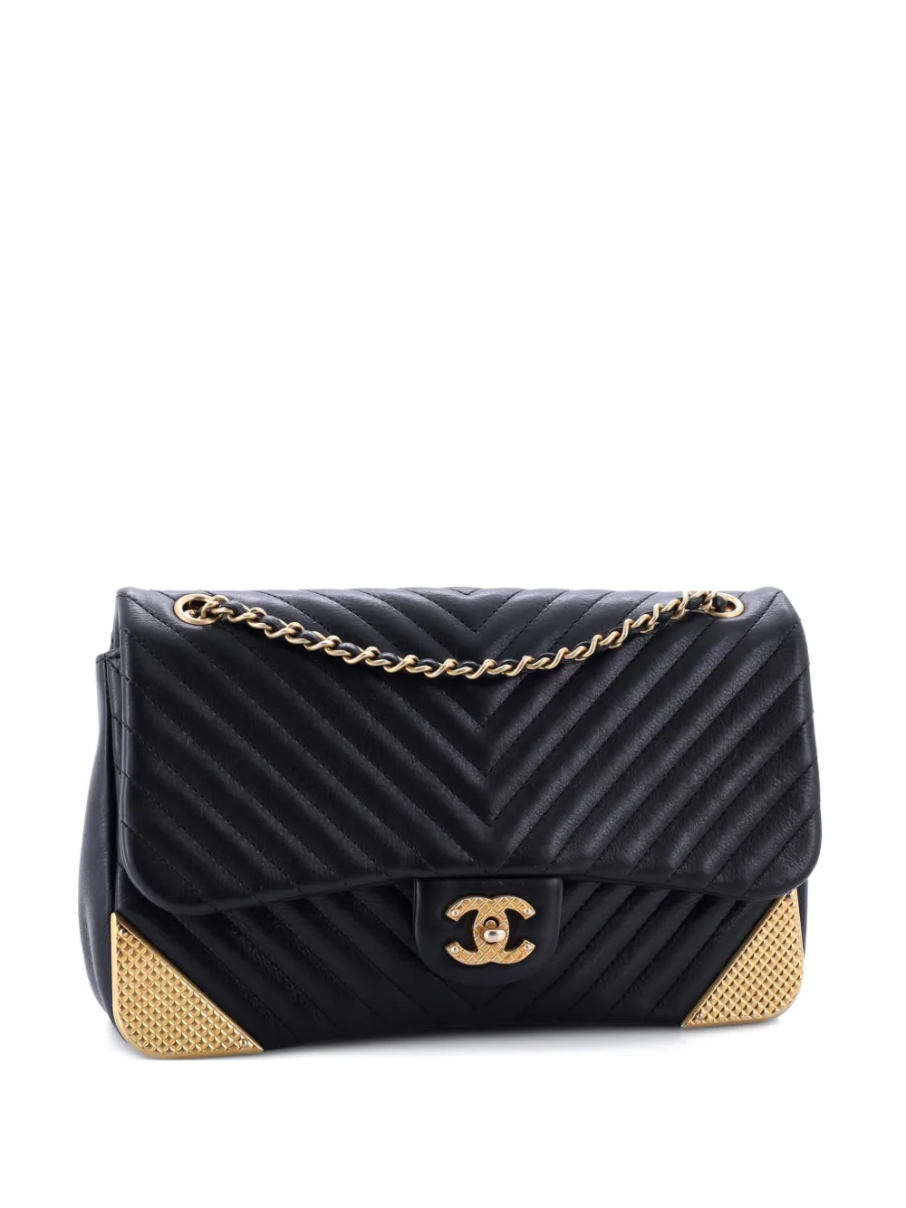 Pre-owned Chanel Rock The Corner Flap Bag Chevron Leather Medium Shoulder Bag In Black