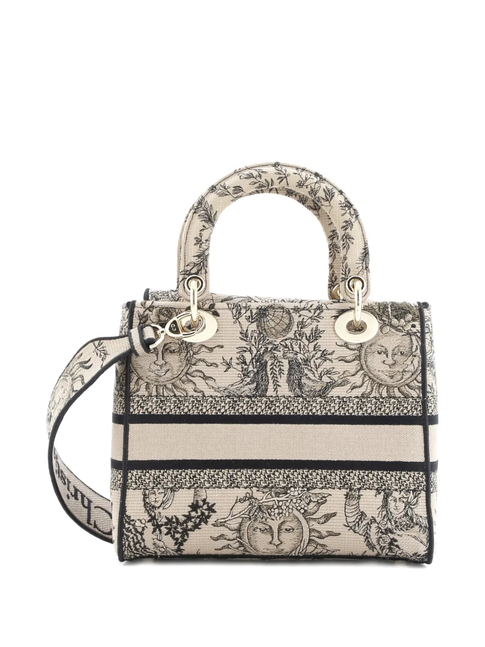 Pre-owned Dior Lady D-lite Bag Embroidered Canvas Medium Satchel In Black