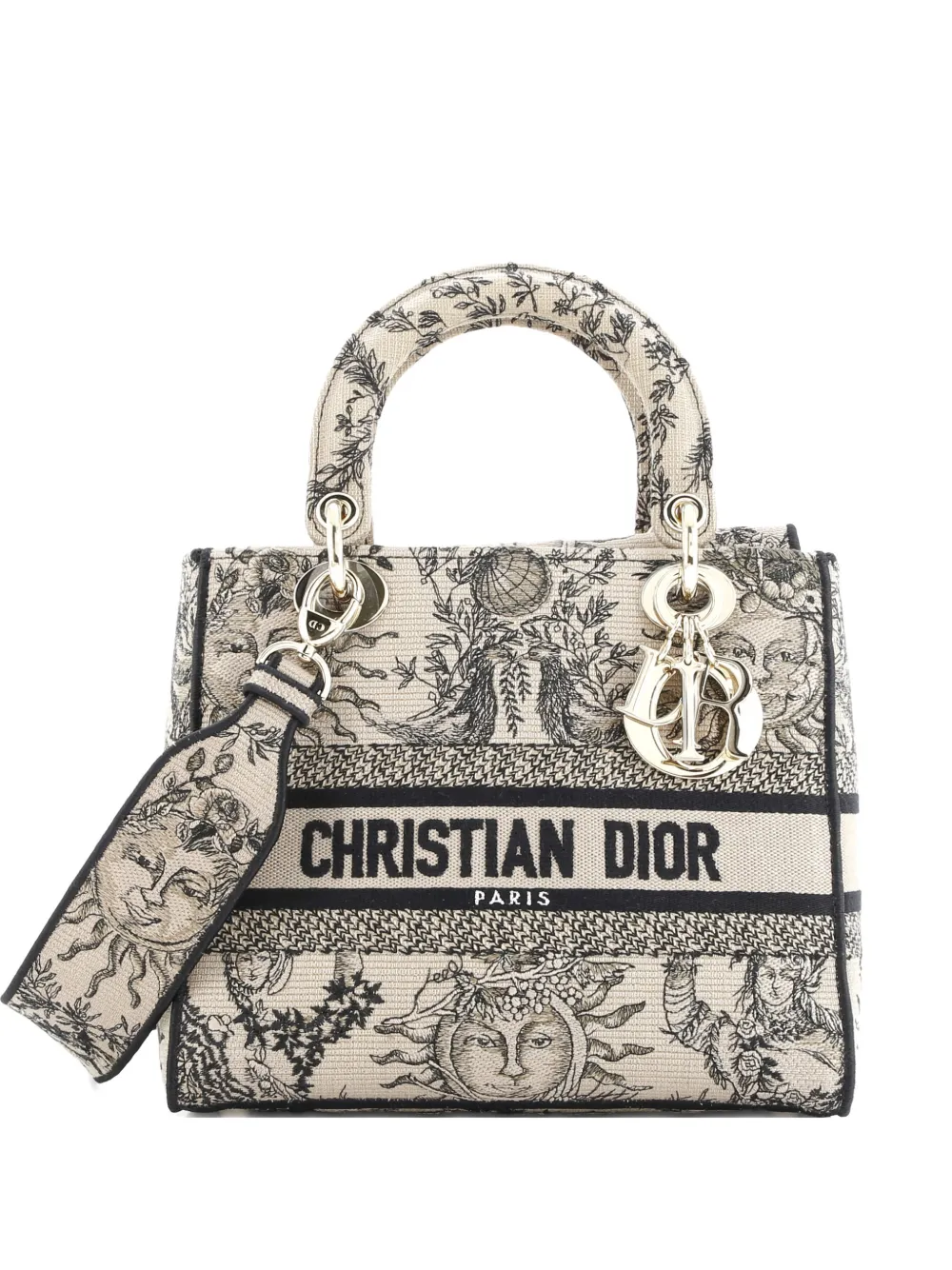 Pre-owned Dior Lady D-lite Bag Embroidered Canvas Medium Satchel In Black