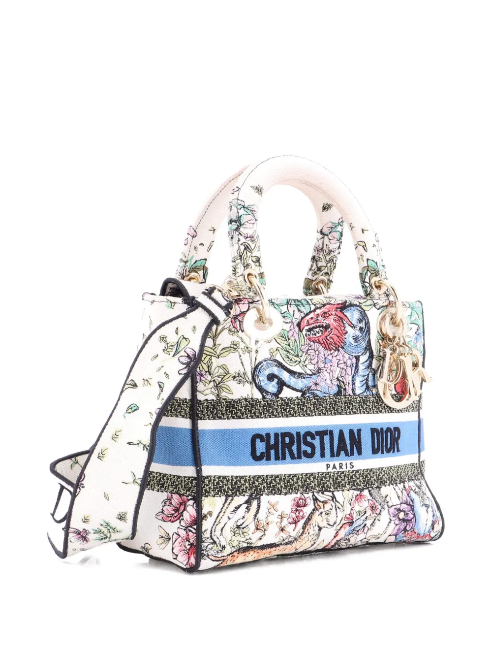 Pre-owned Dior Lady D-lite Bag Embroidered Canvas Medium Satchel In Multi