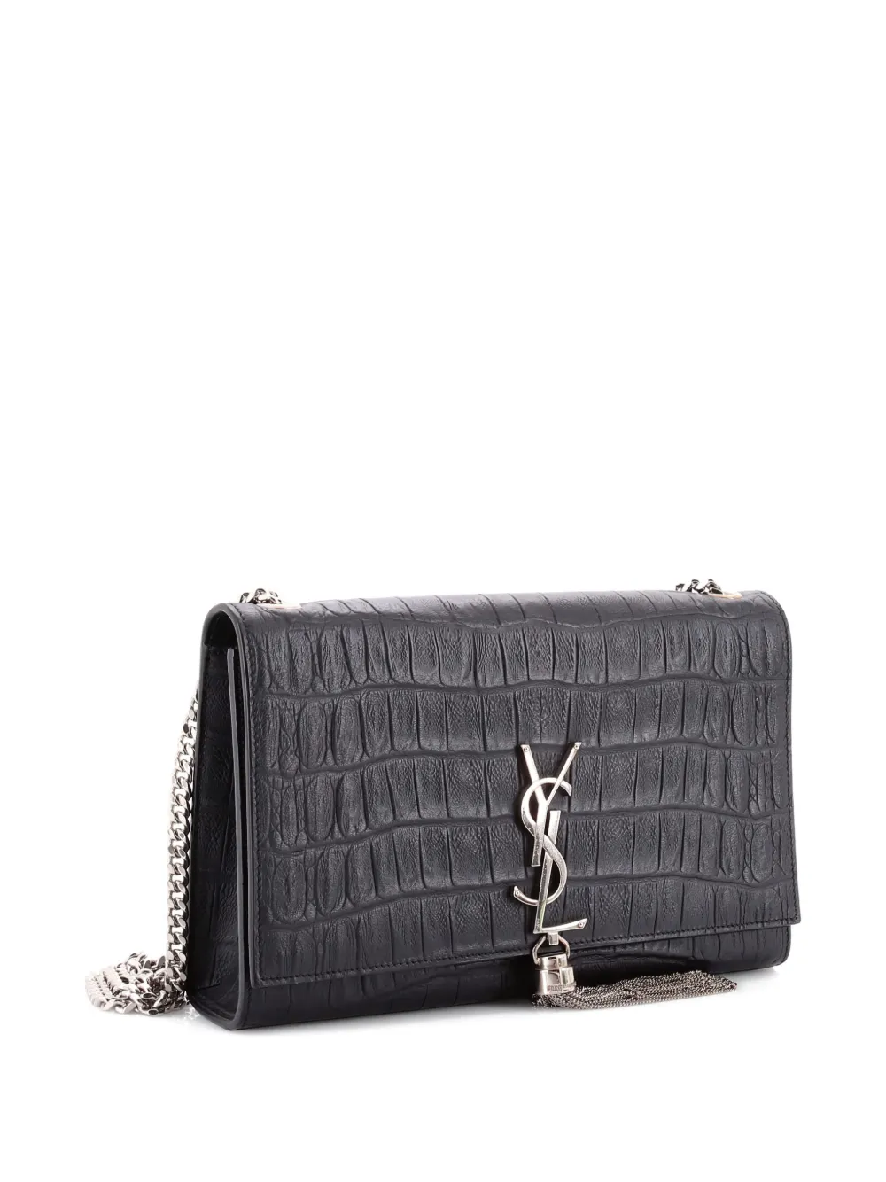 Pre-owned Saint Laurent Classic Monogram Tassel Crocodile Embossed Leather Medium Crossbody Bag In Black