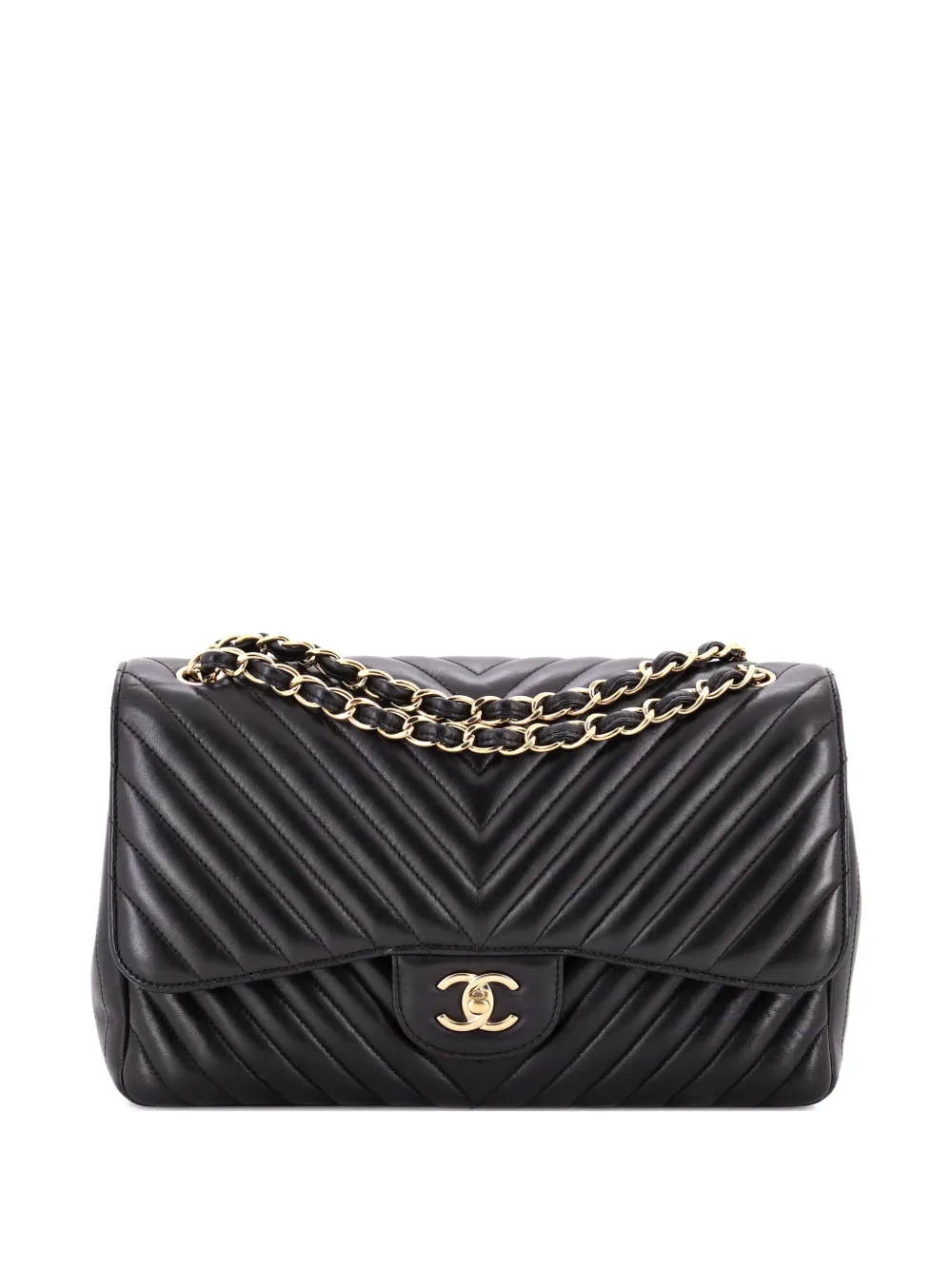 Pre-owned Chanel Classic Double Flap Bag Chevron Lambskin Jumbo Shoulder Bag In Black
