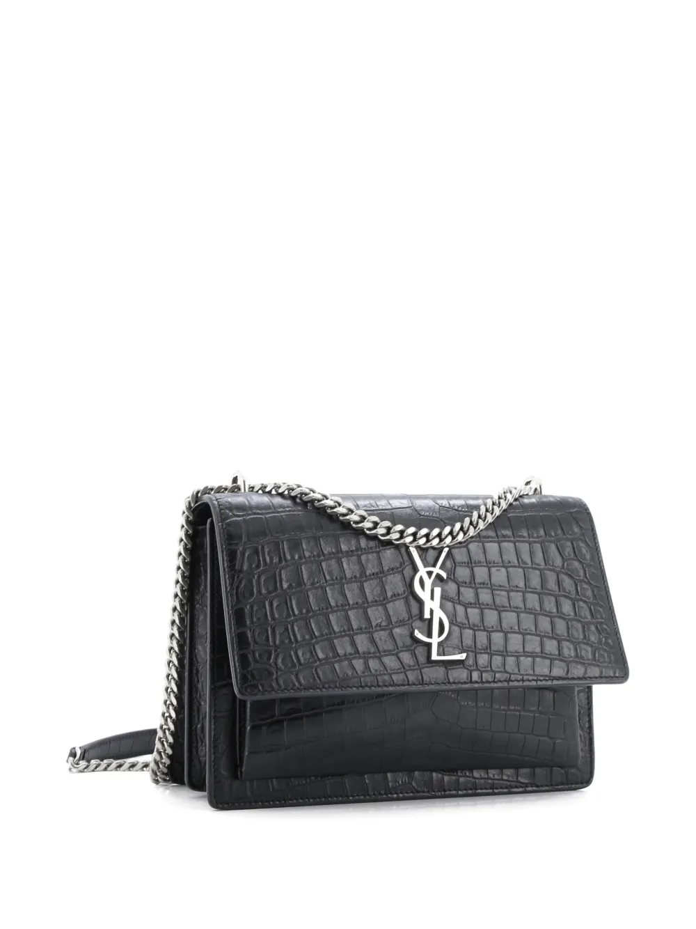 Pre-owned Saint Laurent Sunset Crocodile Embossed Leather Medium Crossbody Bag In Black
