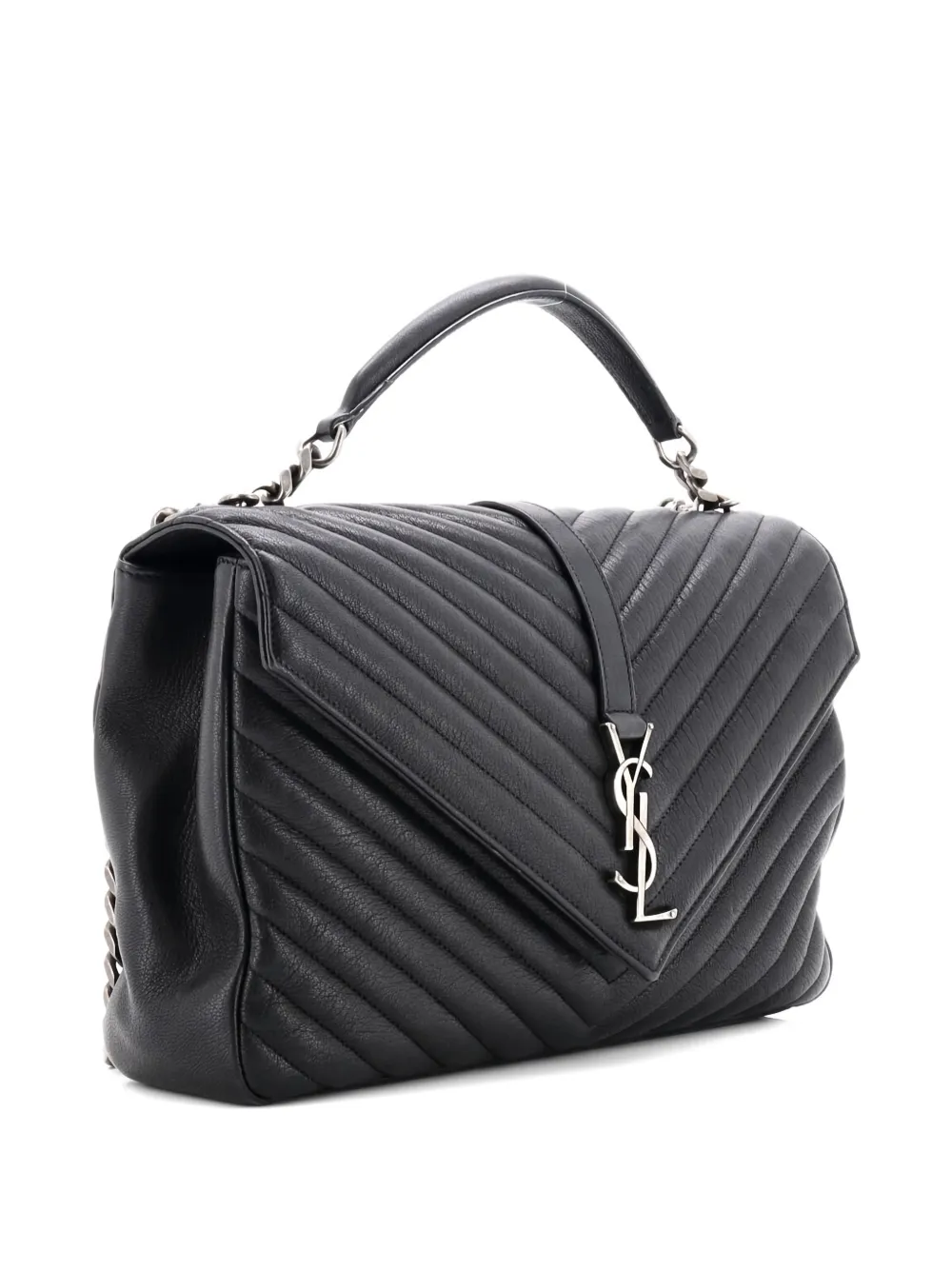 SAINT LAURENT Pre-owned Classic Monogram College Bag Matelasse Chevron Leather Large Shoulder Bag In Black