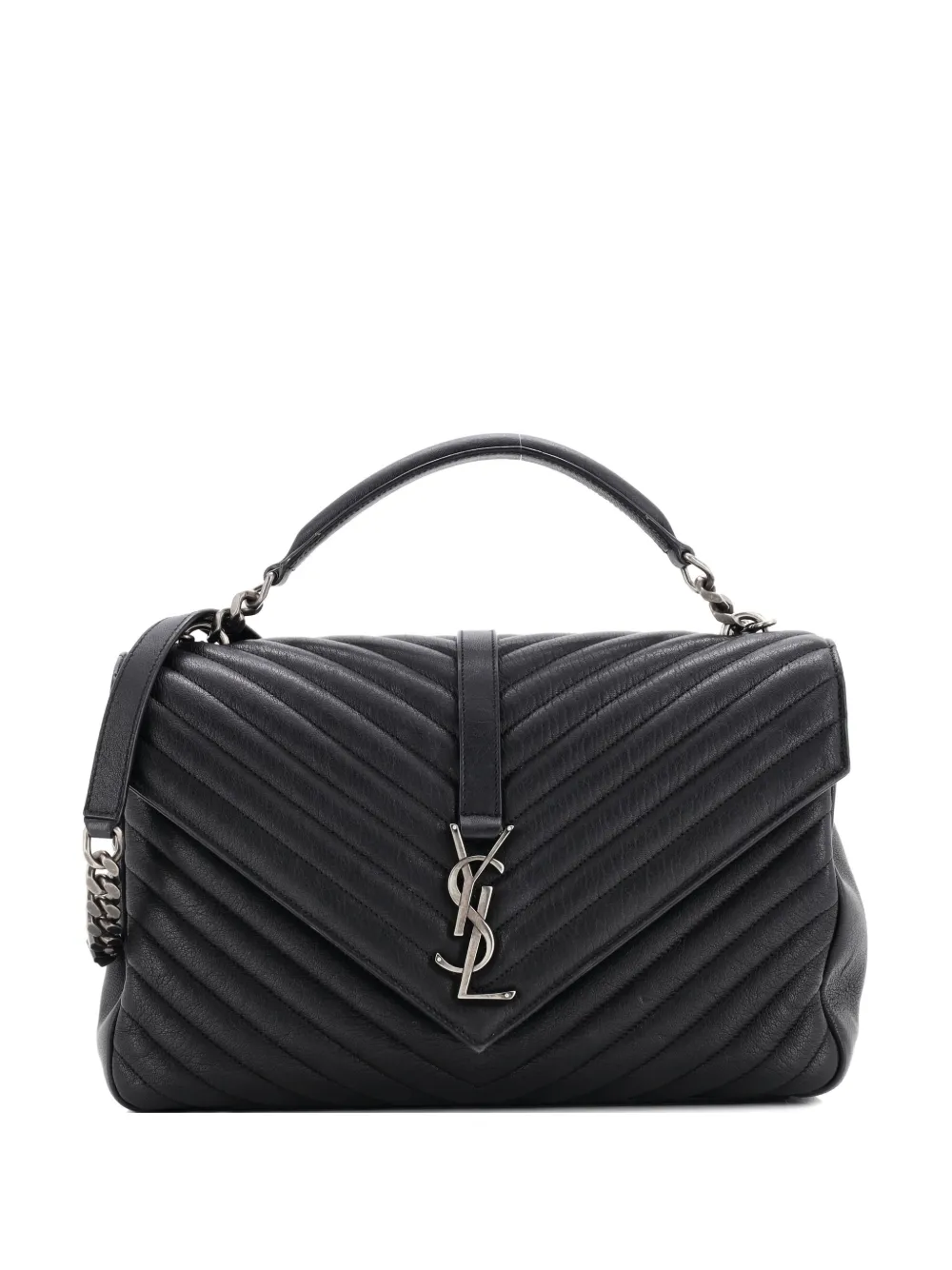 Pre-owned Saint Laurent Classic Monogram College Bag Matelasse Chevron Leather Large Shoulder Bag In Black
