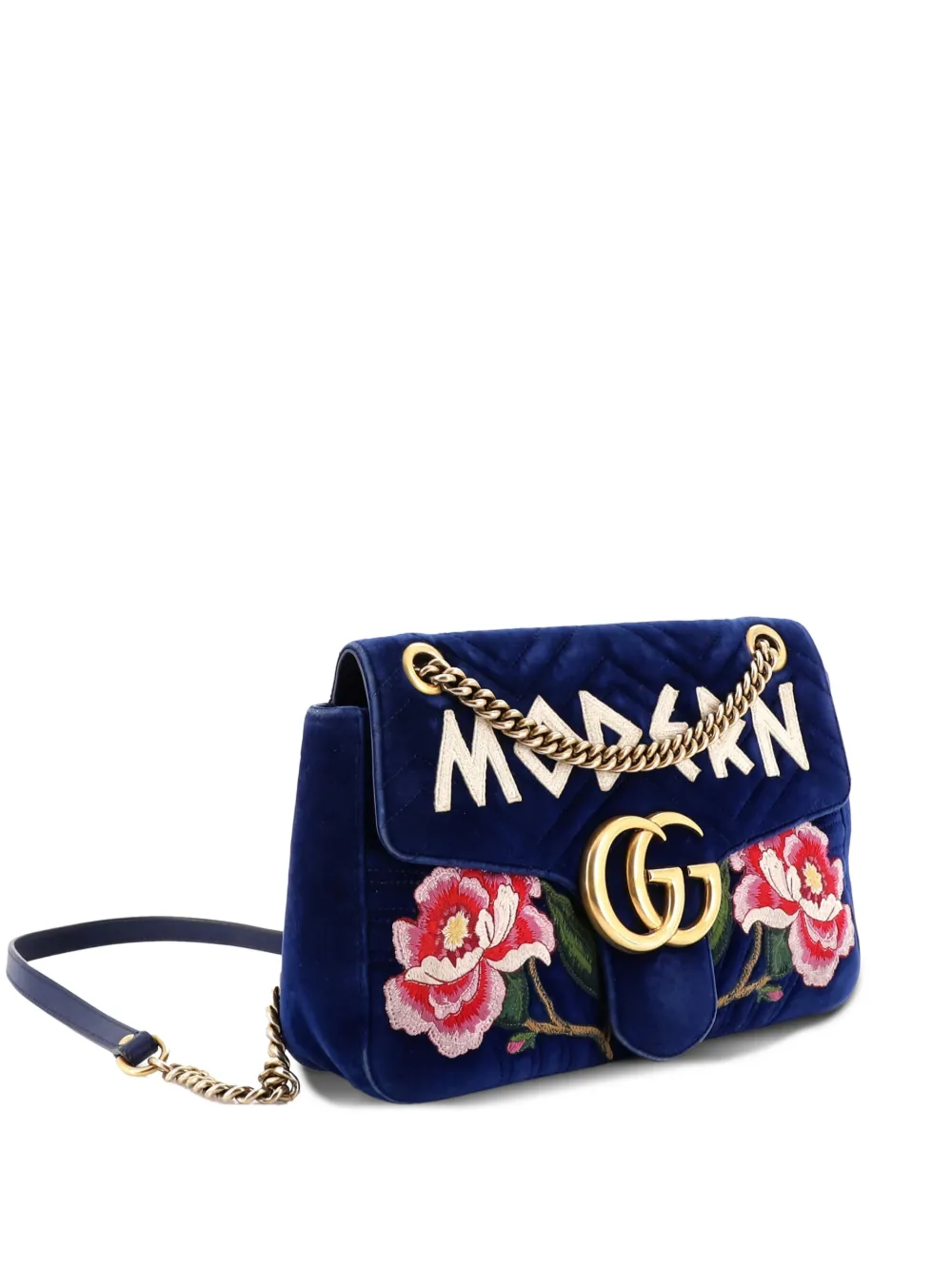 Gucci Pre-Owned GG Marmont Flap Bag Embroidered Matelasse Velvet Medium shoulder bag - Blu