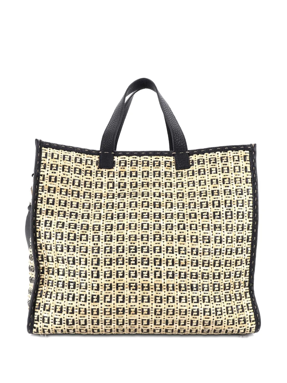 Pre-owned Fendi Convertible Shopper Zucchino Woven Raffia Large Tote Bag In Black
