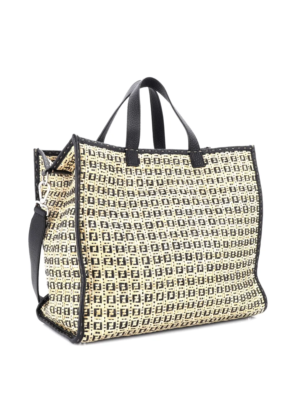 Pre-owned Fendi Convertible Shopper Zucchino Woven Raffia Large Tote Bag In Black