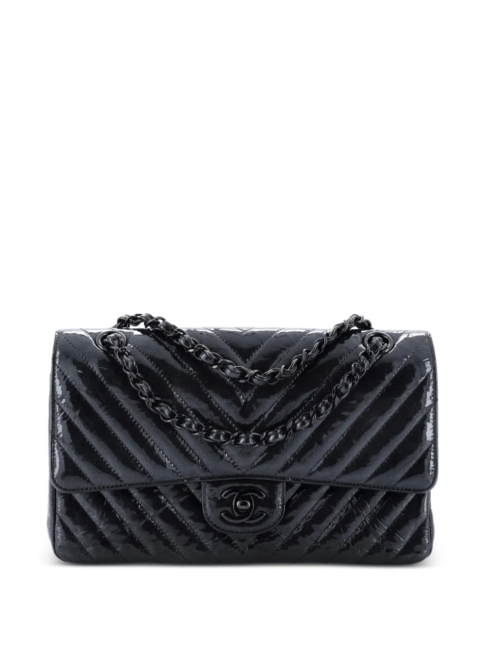 CHANEL Pre-Owned So Black Classic Double Flap Bag Chevron Crinkled Patent Medium shoulder bag - Nero