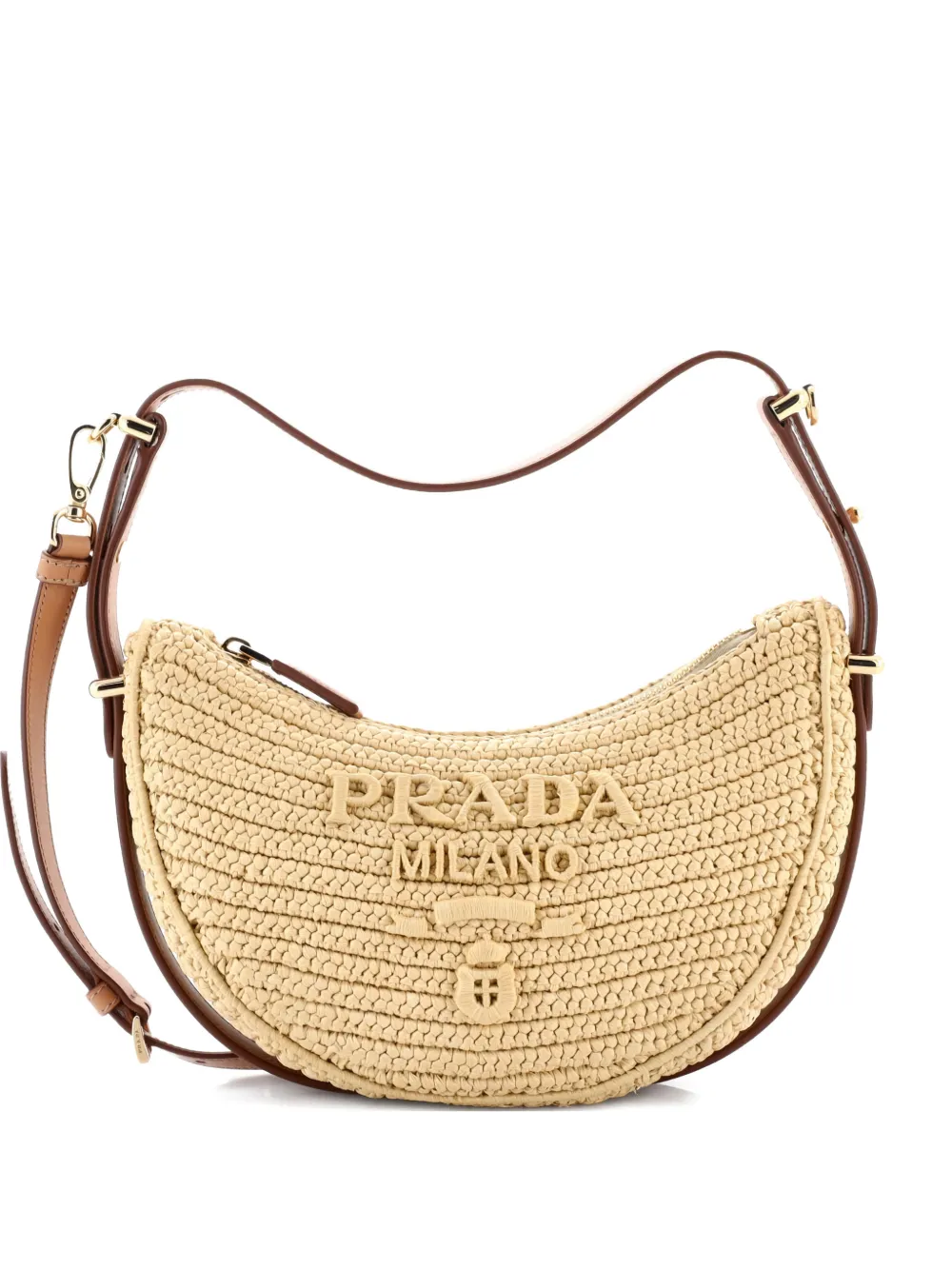 Prada Pre-Owned Arque Half Moon Crochet Raffia with Leather Small hobo bag - Toni neutri