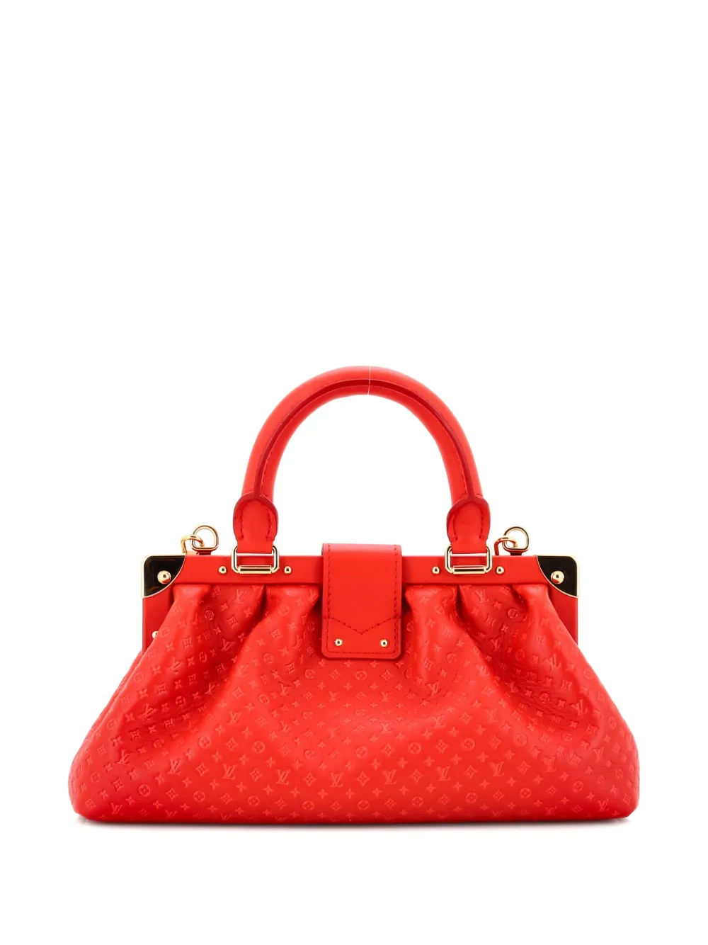 Pre-owned Louis Vuitton Top Handle Frame Clutch Nanogram Embossed Leather Satchel In Red