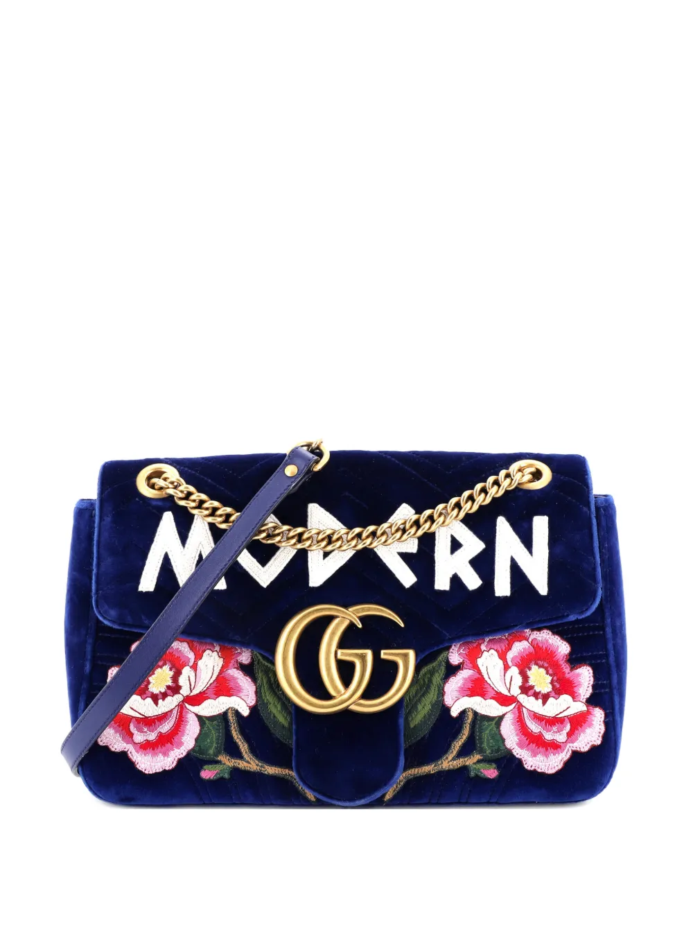 Gucci Pre-Owned GG Marmont Flap Bag Embroidered Matelasse Velvet Medium shoulder bag - Blu