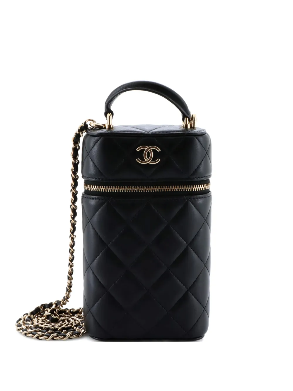 Pre-owned Chanel Classic Vanity Top Handle Phone Holder With Chain Quilted Lambskin Crossbody Bag In Black