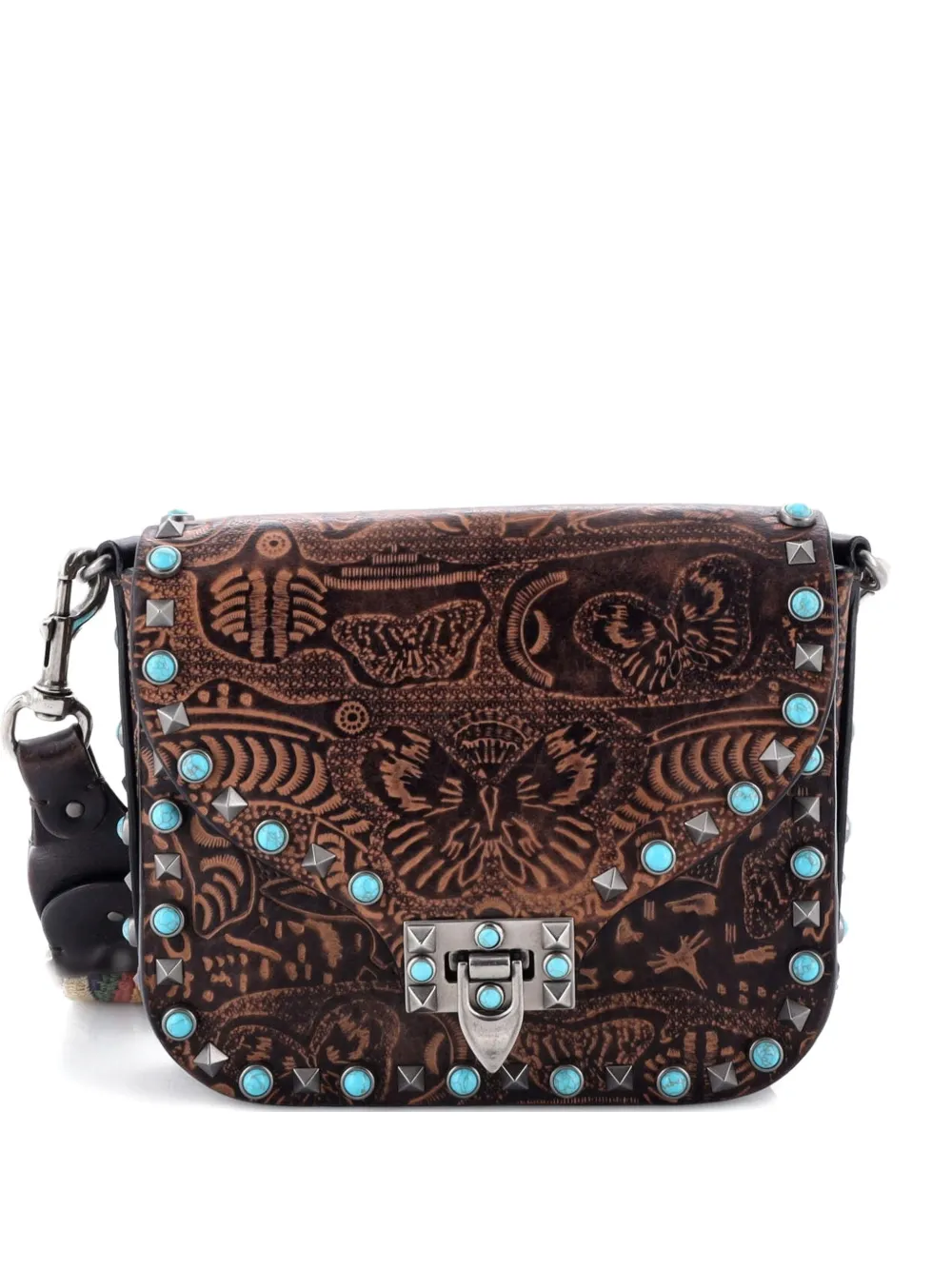 Pre-owned Valentino Garavani Rolling Rockstud Santeria Embossed Leather With Cabochons Small Crossbody Bag In Black