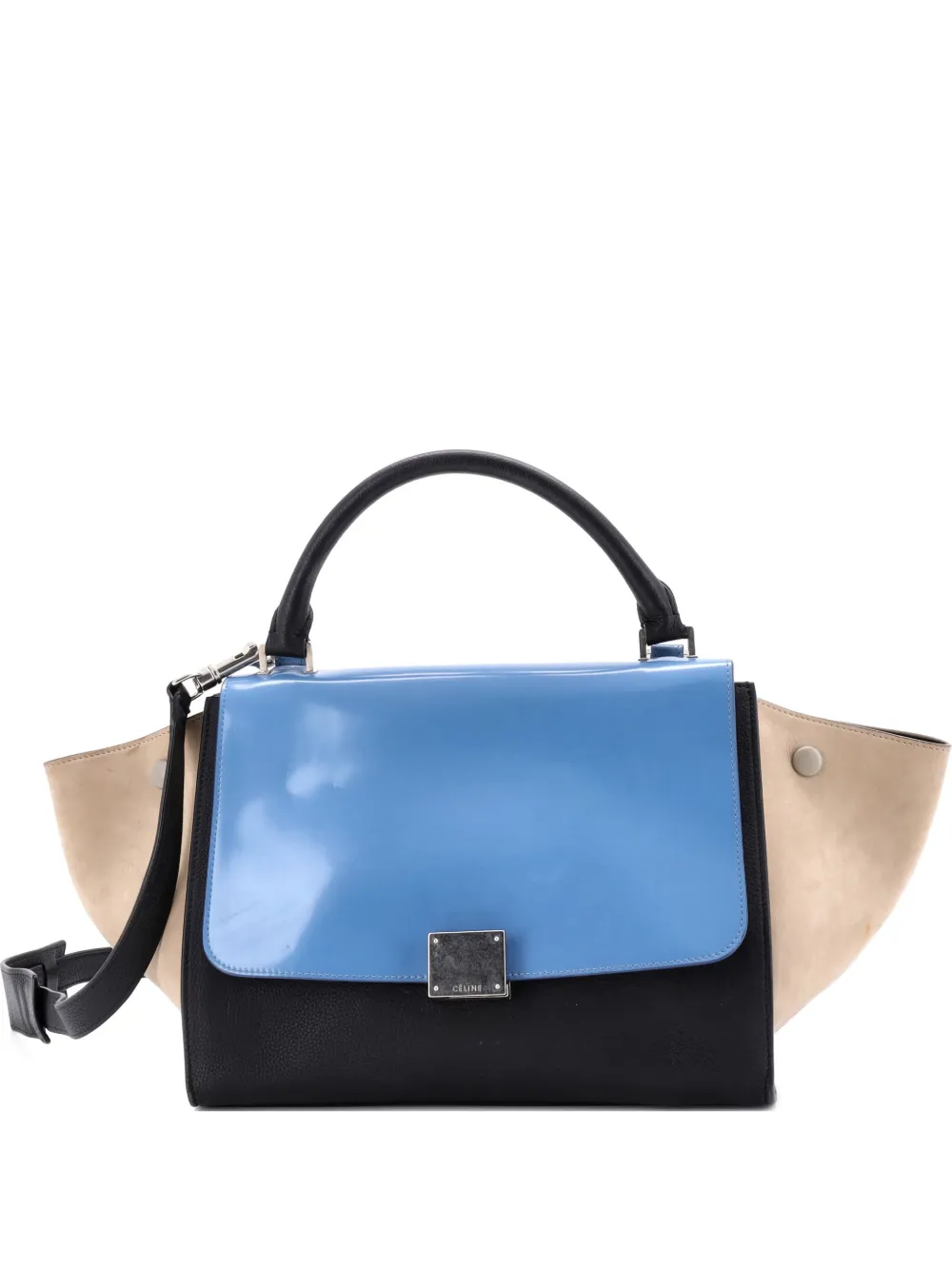 Pre-owned Celine Trapeze Bag Leather With Patent Small Satchel In Blue