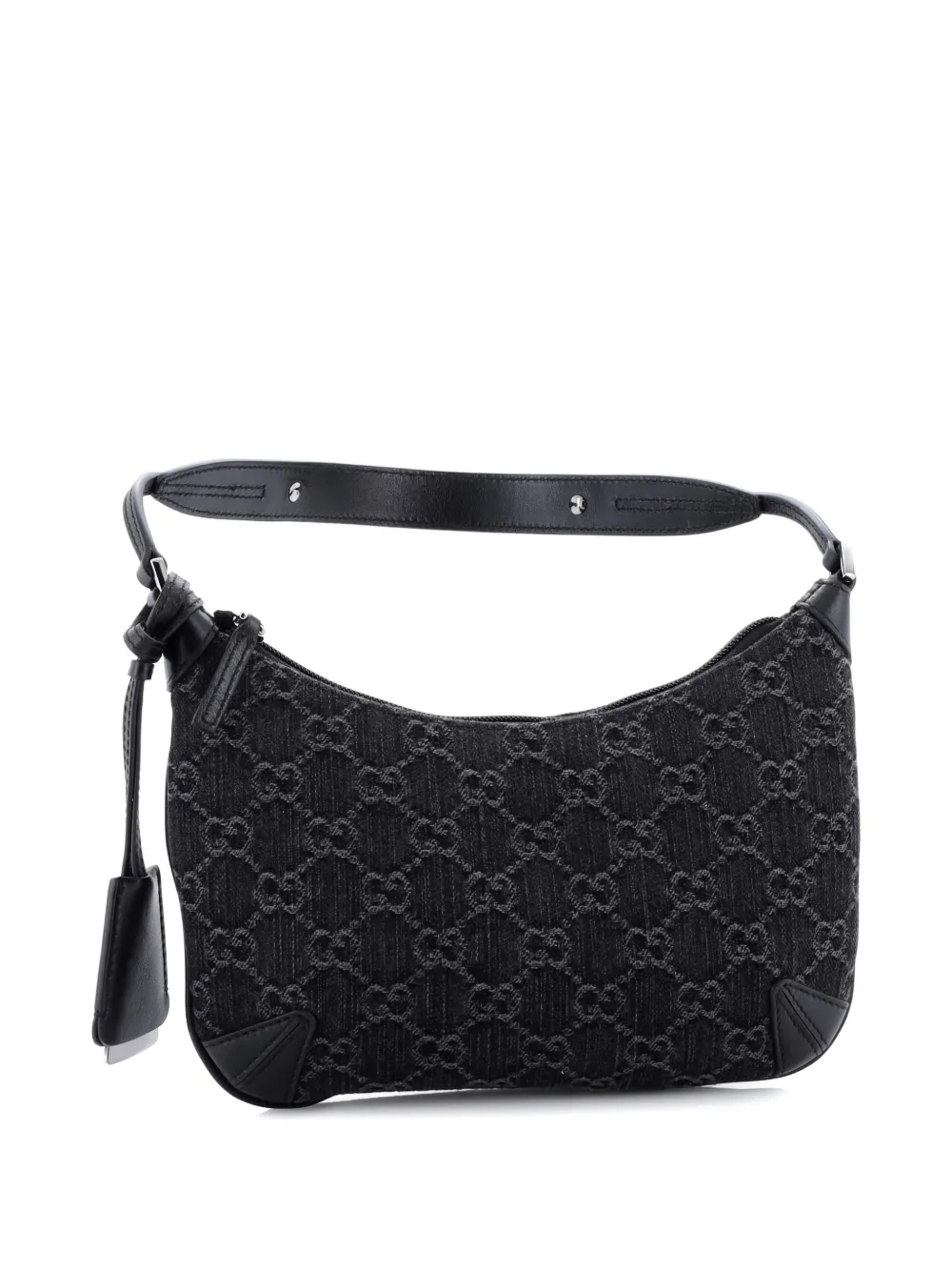 Pre-owned Gucci Horsebit Slim Gg Denim With Leather Small Shoulder Bag In Black