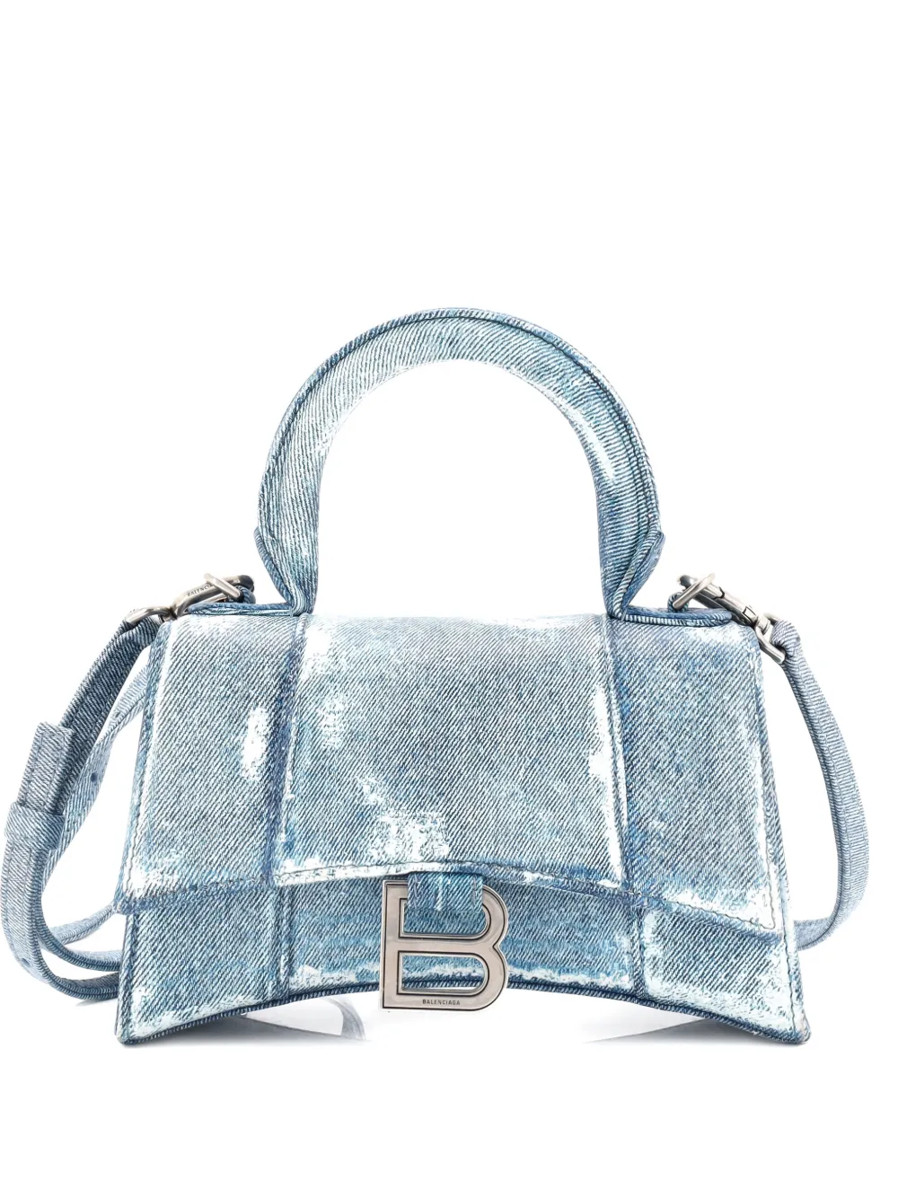 Pre-owned Balenciaga Hourglass Top Handle Bag Denim Printed Leather Small Satchel In Blue