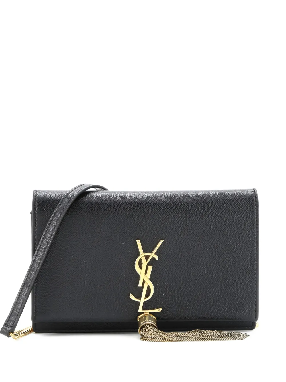 Pre-owned Saint Laurent Classic Monogram Tassel Grainy Leather Small Crossbody Bag In Black