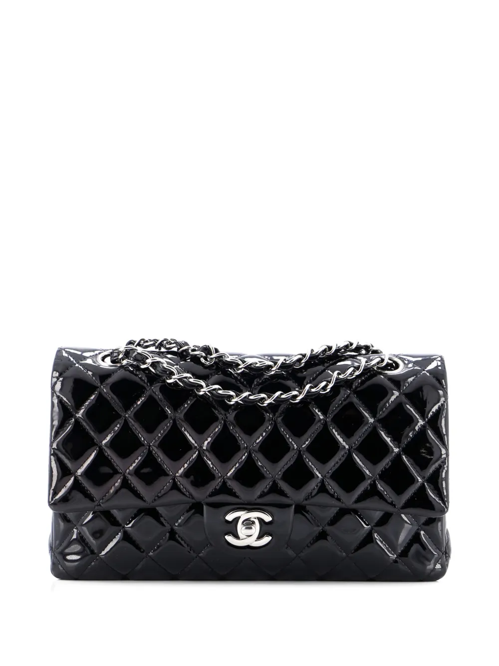 Pre-owned Chanel Classic Double Flap Bag Quilted Patent Medium Shoulder Bag In Black