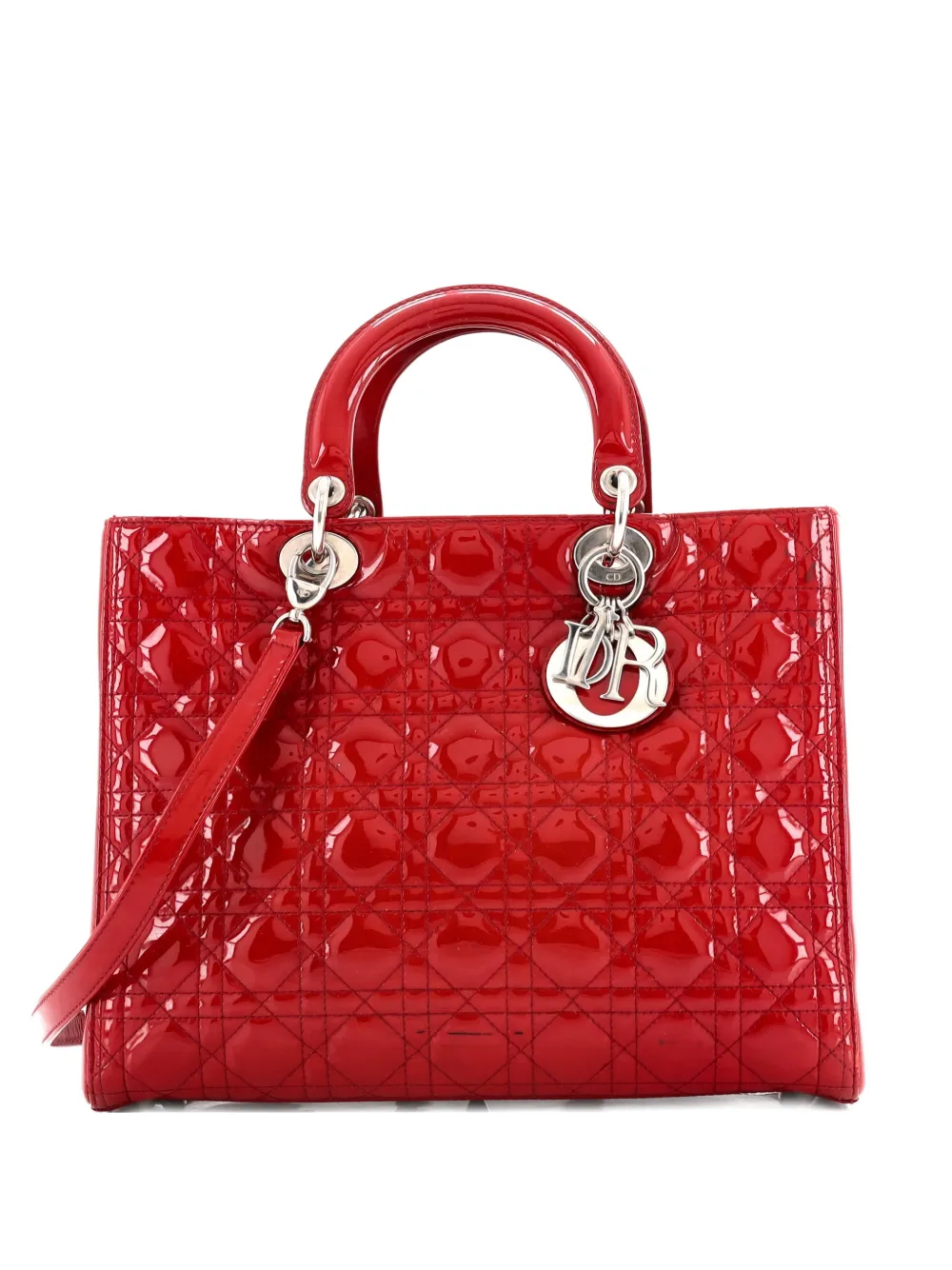 Pre-owned Dior Lady  Bag Cannage Quilt Patent Large Satchel In Red