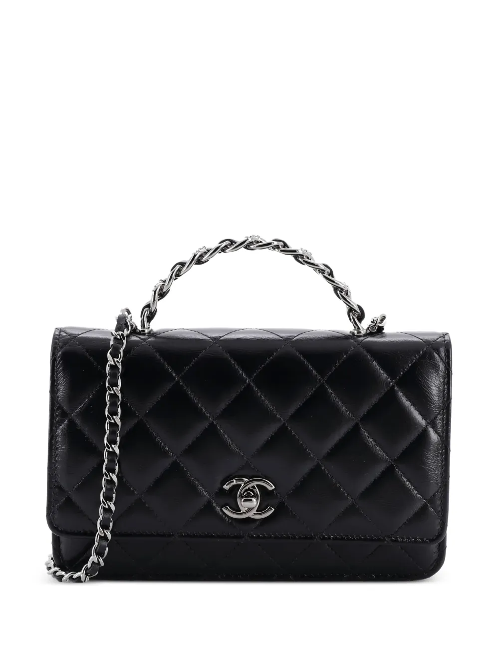 CHANEL Pre-Owned Top Handle Phone Holder with Chain Quilted Shiny Calfskin with Crystals crossbody bag - Nero