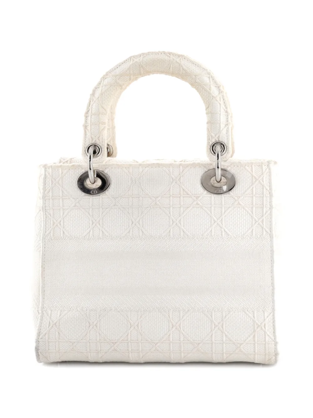 Pre-owned Dior Lady D-lite Bag Cannage Embroidered Canvas Medium Satchel In Neutral