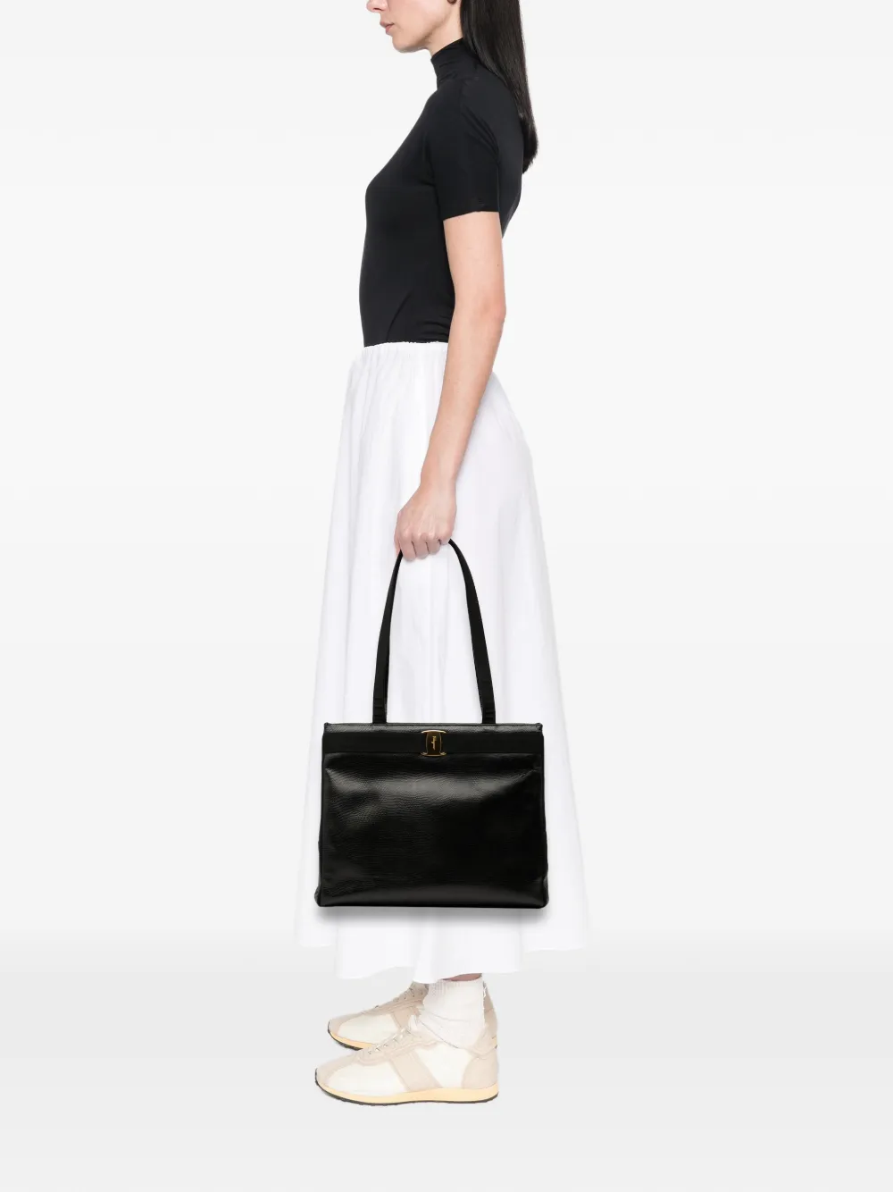 Pre-owned Ferragamo 2000-2025 Embossed Leather Vara Tote Bag In Black