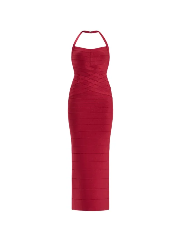 red criss cross halter dress High-Neck Halter Dress with Twist Criss Cross Back