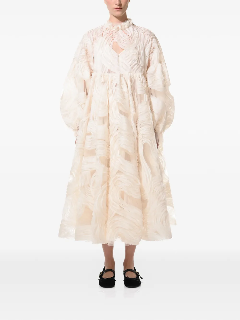 Anouki Embroidered Ruffle-collar Midi Dress In Neutral