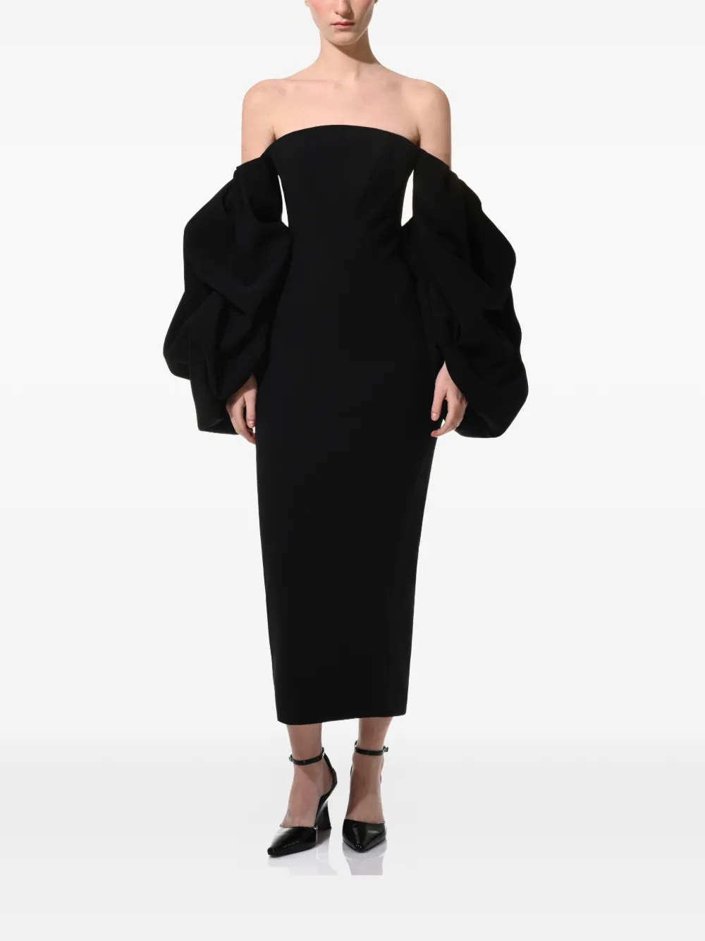 ANOUKI puff-sleeve off-shoulder midi dress - Zwart
