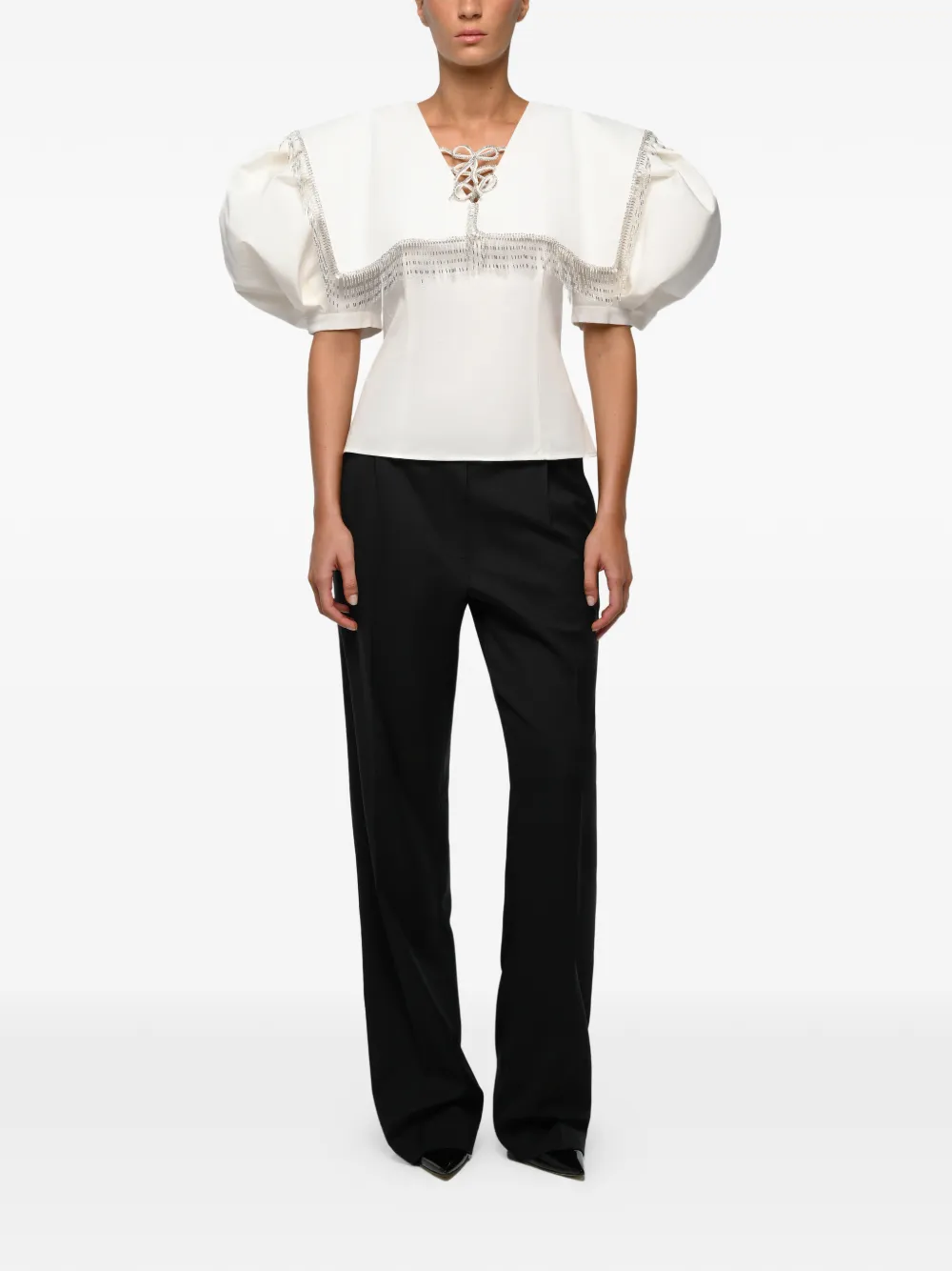 Anouki Crystal-embellished Puff-sleeve Blouse In White