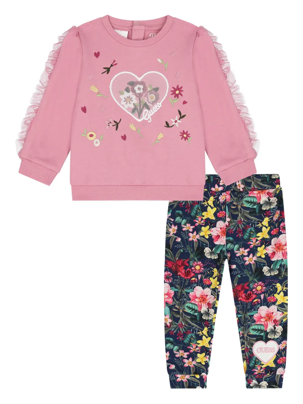 guess kids Gerüschter Jogginganzug mit Blumenmotiv (2er-Set) | Rosa | Image 1
