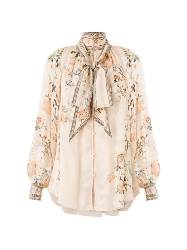 Camilla Pussy-bow Floral Print Top in Neutrals
