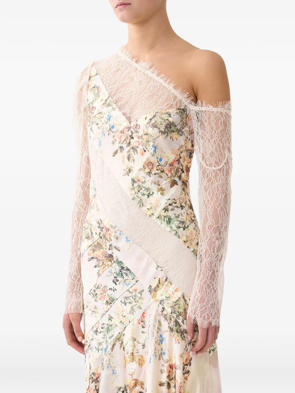 Camilla Jurk met bloemenprint en kanten afwerking Beige