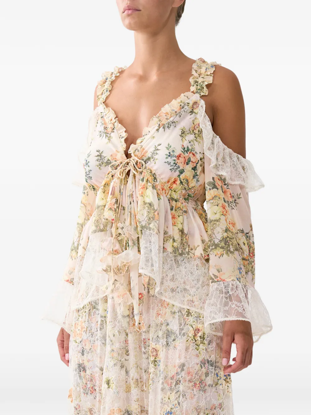 Camilla Top met bloemenprint en ruches Beige