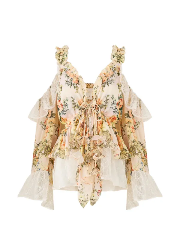 Camilla Ruffled Floral Print Top in Neutrals