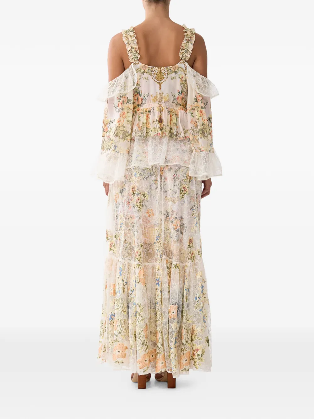 Camilla Top met bloemenprint en ruches Beige