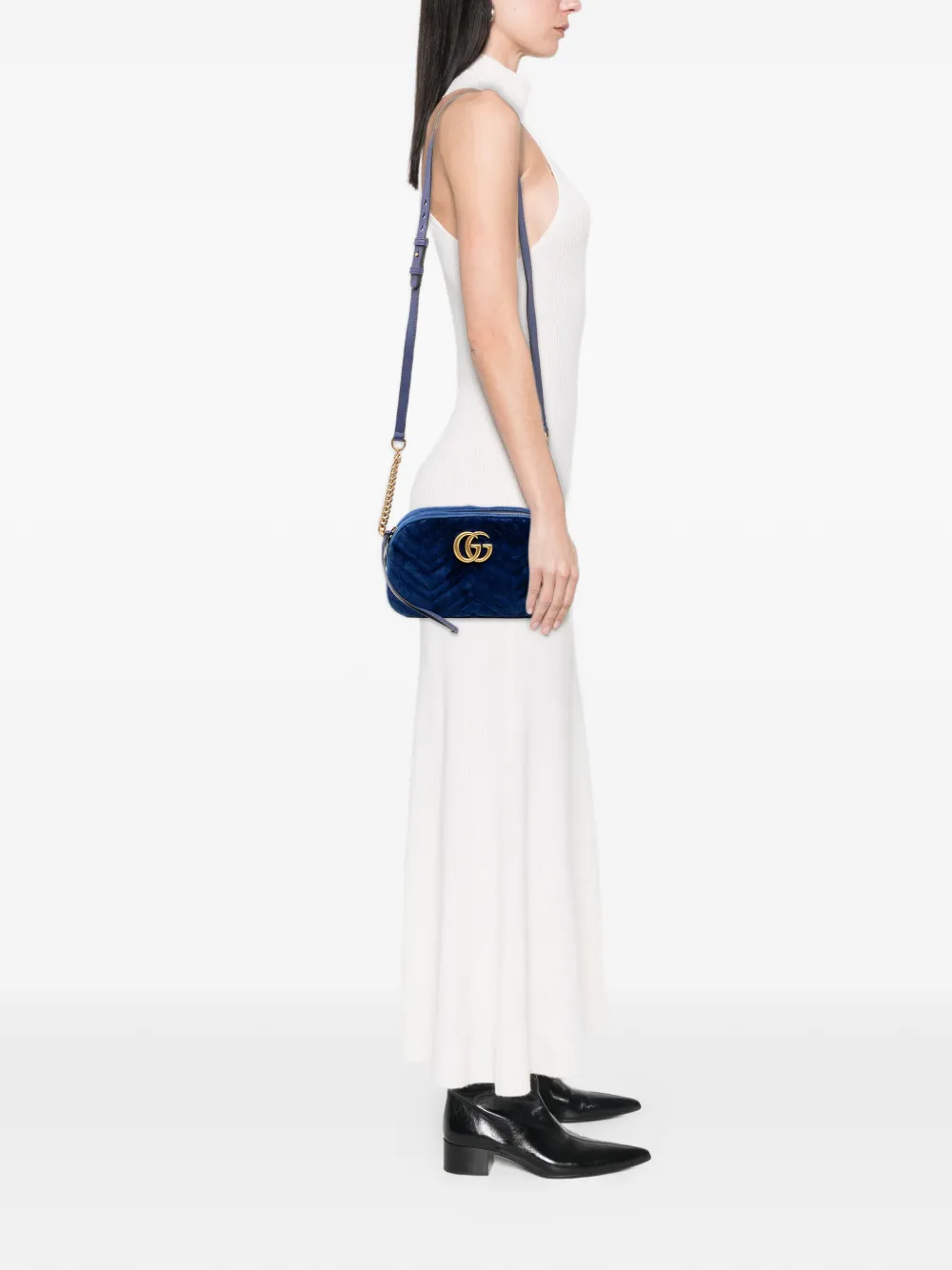 Pre-owned Gucci 2016-2025 Small Gg Marmont Matelasse Velvet Crossbody Bag In Blue