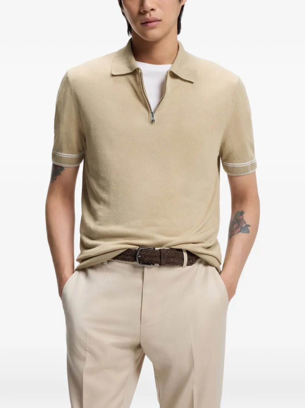BOSS Norbertino gebreid poloshirt met rits Beige