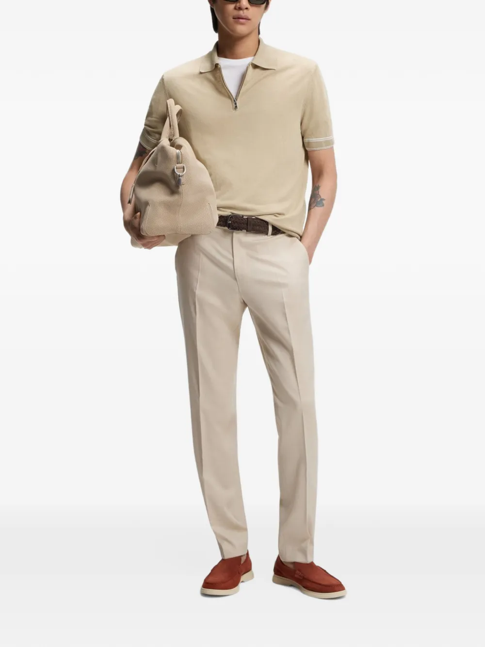BOSS Norbertino gebreid poloshirt met rits Beige
