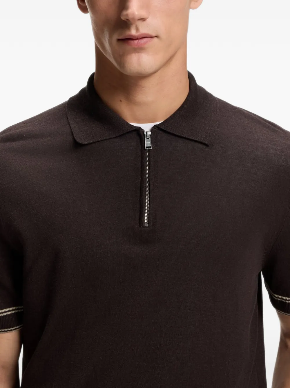 BOSS Poloshirt met ritssluiting en gestreepte afwerking Bruin
