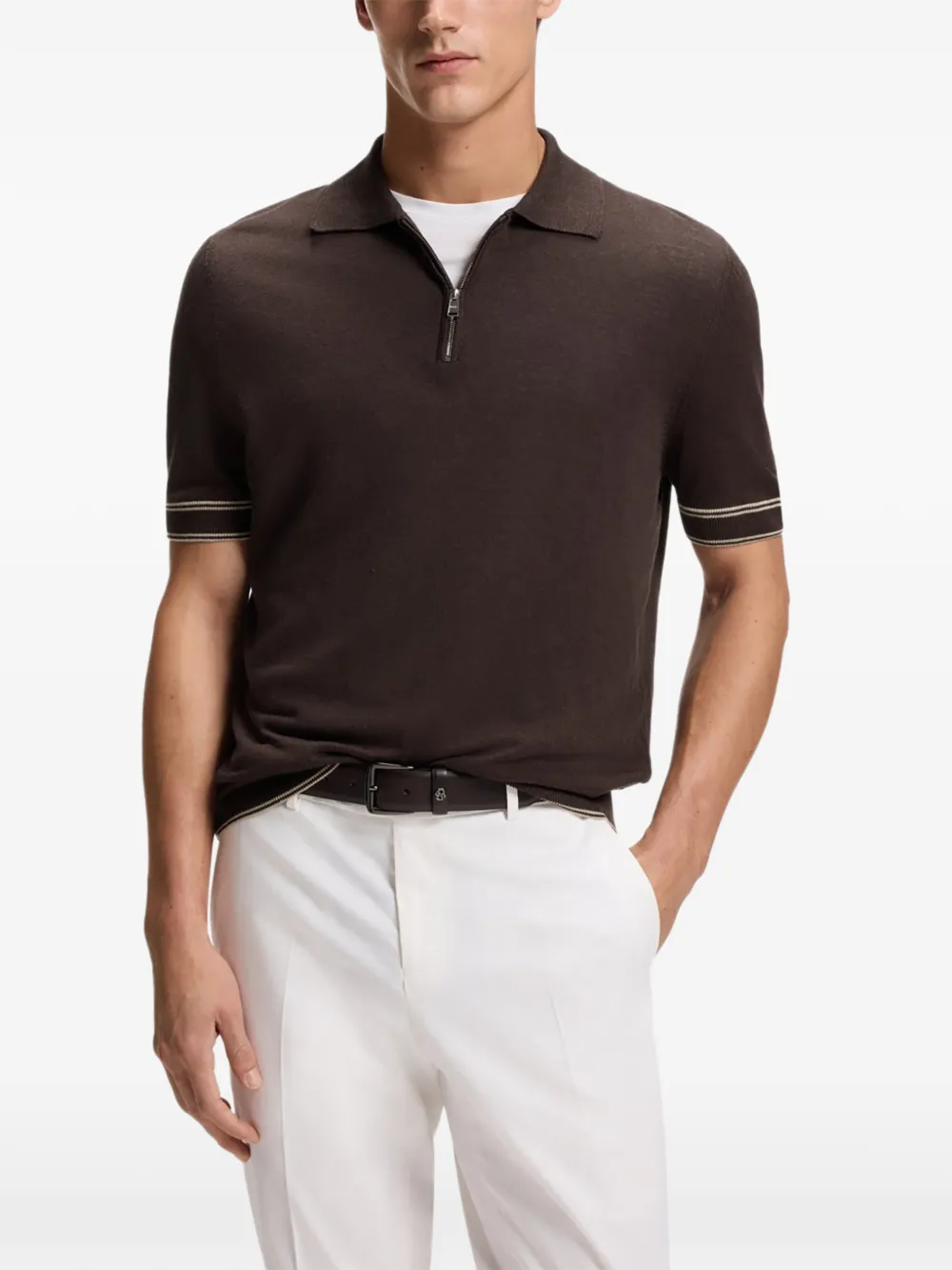 BOSS Poloshirt met ritssluiting en gestreepte afwerking Bruin