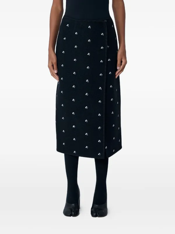 Rier Walker Embroidered Wrap Midi Skirt in Black
